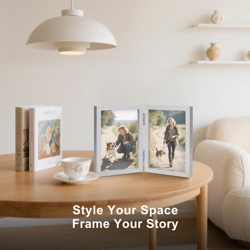 Forev 3.5x5 Double Picture Frame Wooden Hinged Photo Frame Definition Glass Stand Vertically on Desktop or Tabletop Silver - Image 5